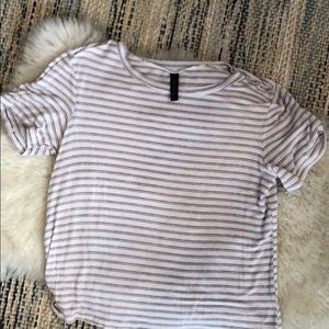 White tee with blue and red stripes. SO SOFT